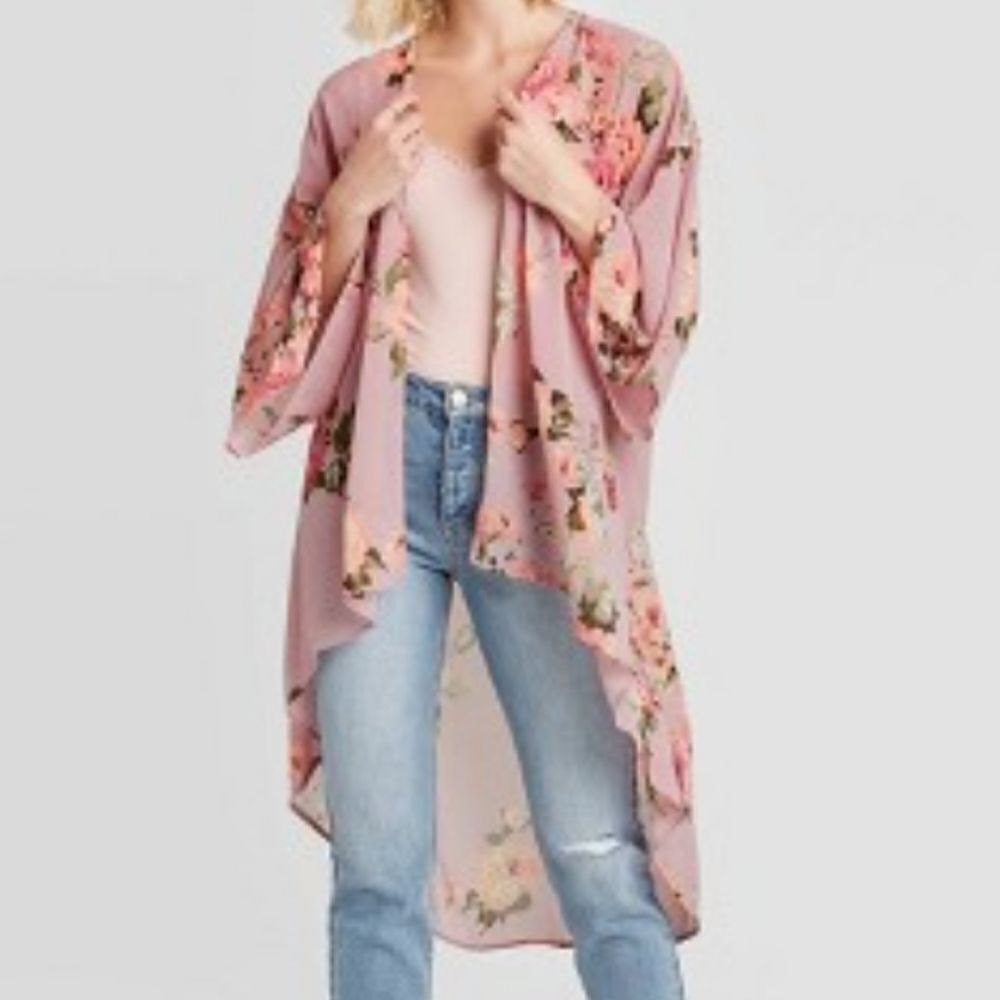 Xhilaration Oversized Open Front Blush Pink Floral Kimono